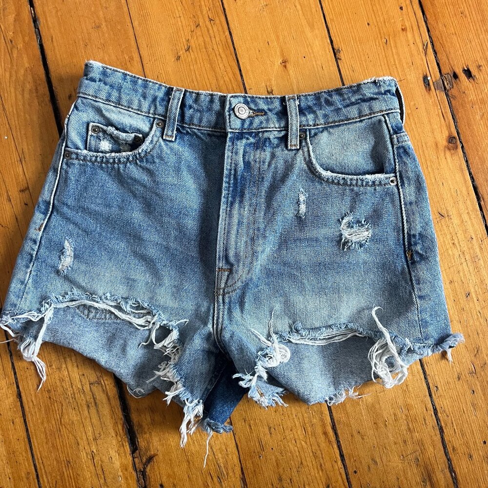 Zara Denim High Rise Frayed Shorts